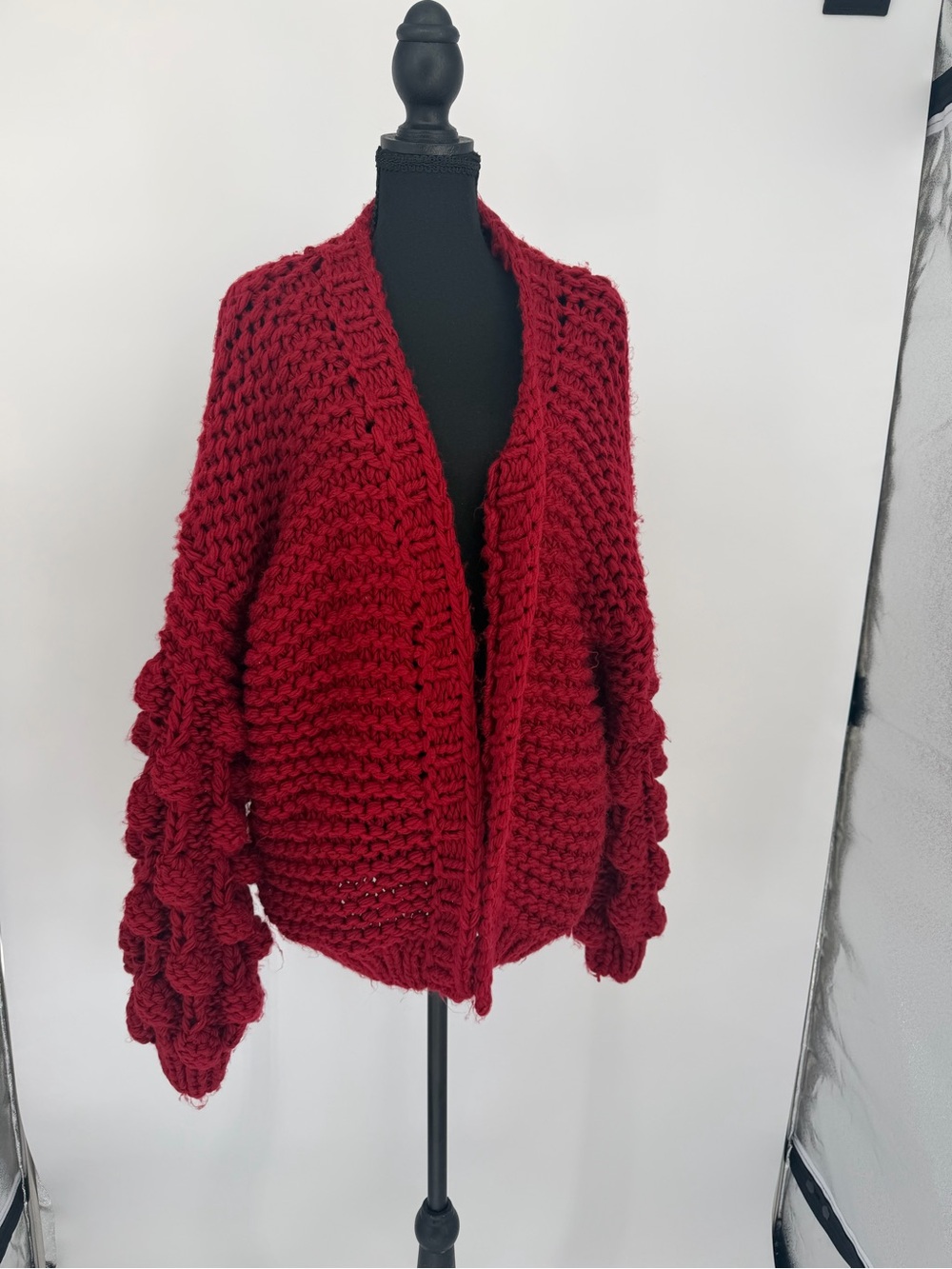 Rachel Chunky Open-Front Cardigan with Bubble Sleeves - Red